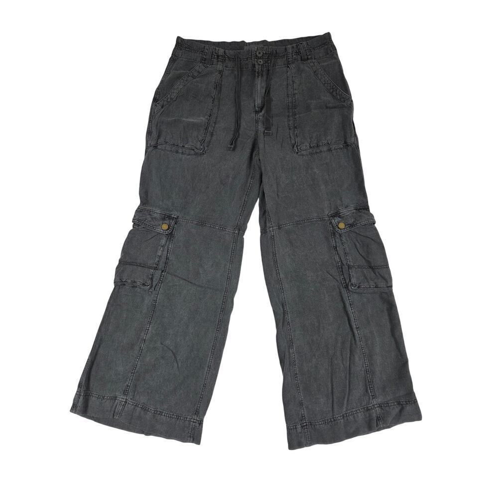 Anthropologie Gray Linen Blend Cargo Pants Drawstring Waist 6 Pocket Size 14